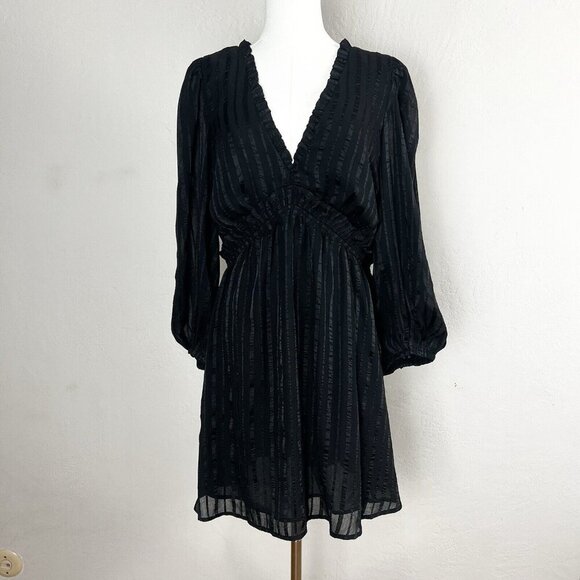 Lulus Mini‎ Dress Forever In My Heart Black Striped Balloon Sleeve Size Large - Picture 1 of 12